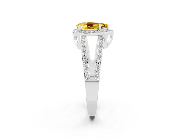Silver Pear Cut Yellow Sapphire Halo Ring with Split Shank U-Prong Band and Four-Prong Setting