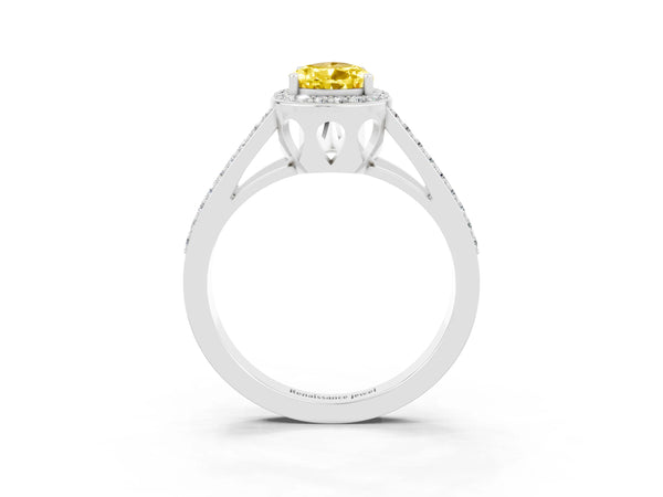 Silver Pear Cut Yellow Sapphire Halo Ring with Split Shank U-Prong Band and Four-Prong Setting