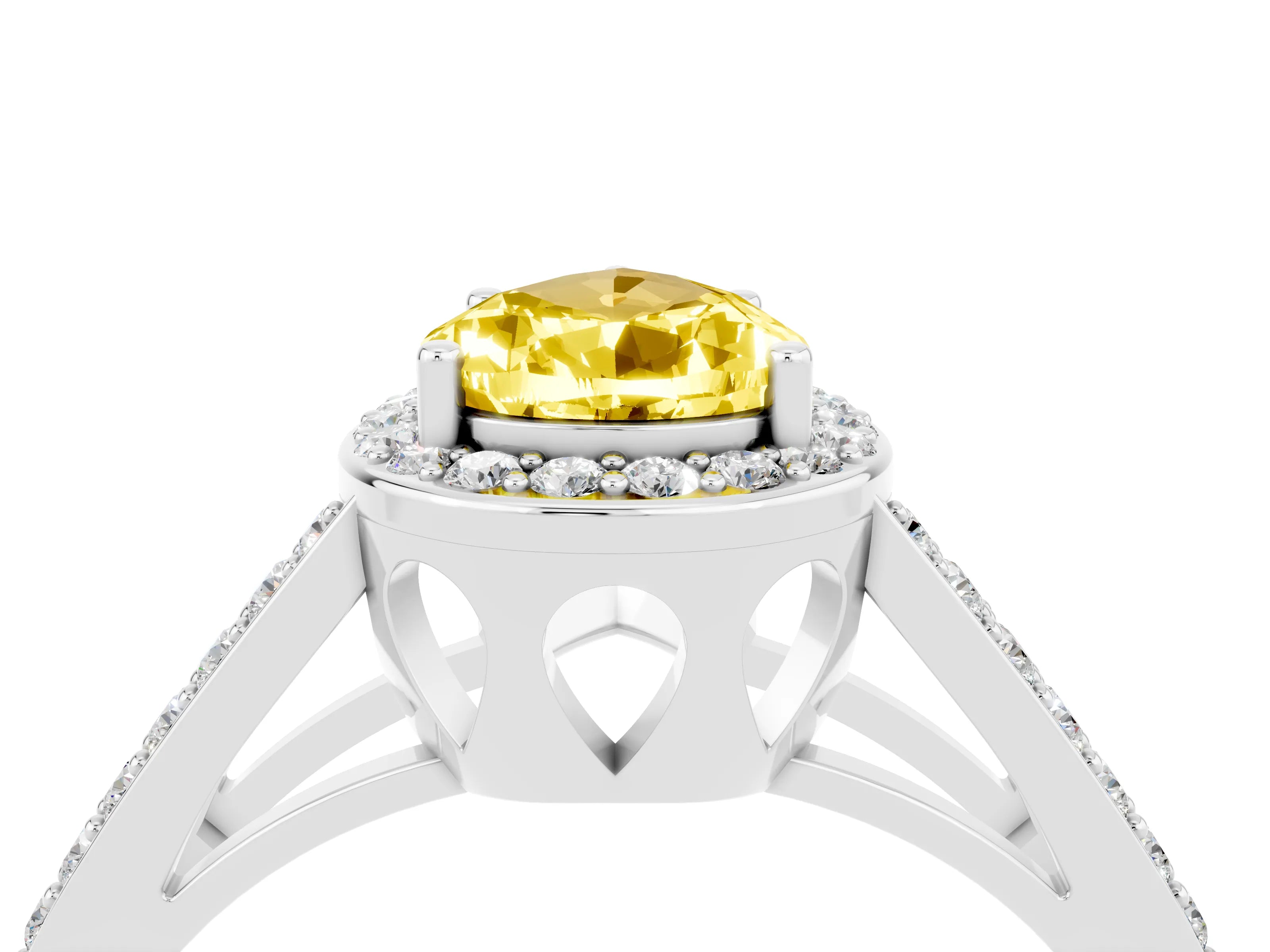 White gold Pear Cut Yellow Sapphire Halo Ring with Split Shank U-Prong Band and Four-Prong Setting_4