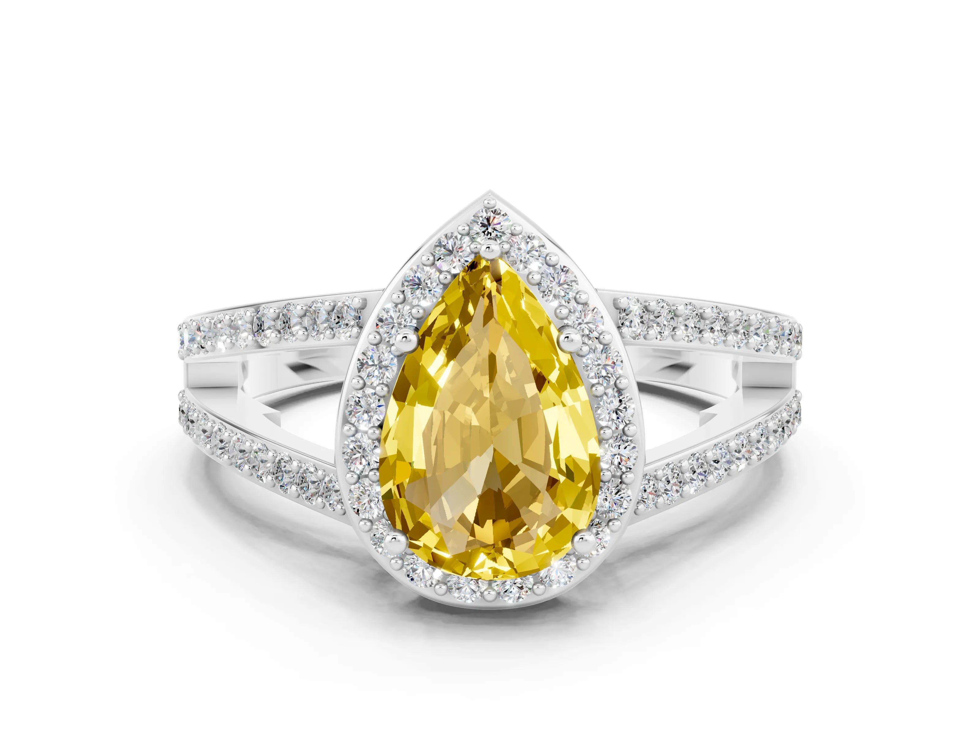 White gold Pear Cut Yellow Sapphire Halo Ring with Split Shank U-Prong Band and Four-Prong Setting