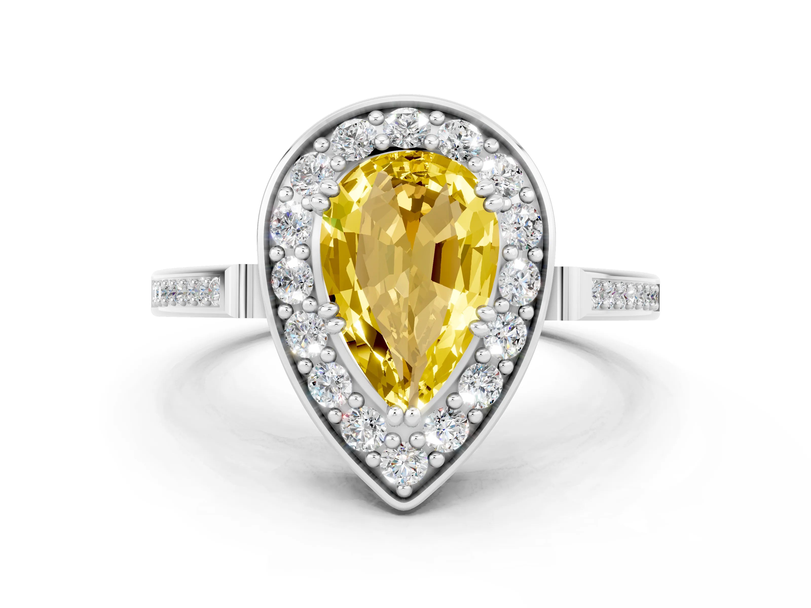 White gold Pear Cut Yellow Sapphire Halo Ring with Split Shank and Four-Prong Setting