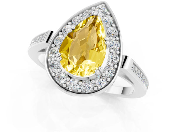 Platinum Pear Cut Yellow Sapphire Halo Ring with Split Shank and Four-Prong Setting