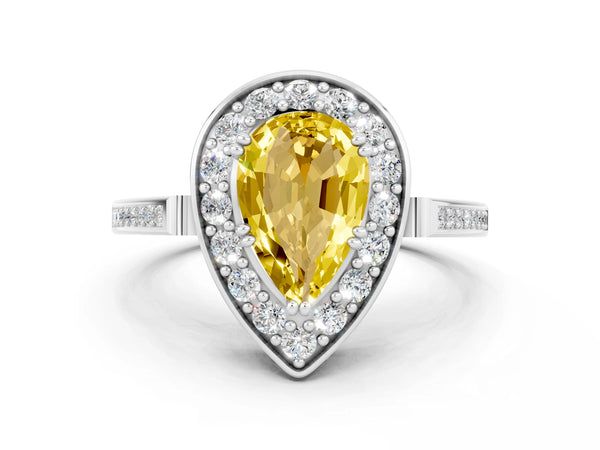 White gold Pear Cut Yellow Sapphire Halo Ring with Split Shank and Four-Prong Setting
