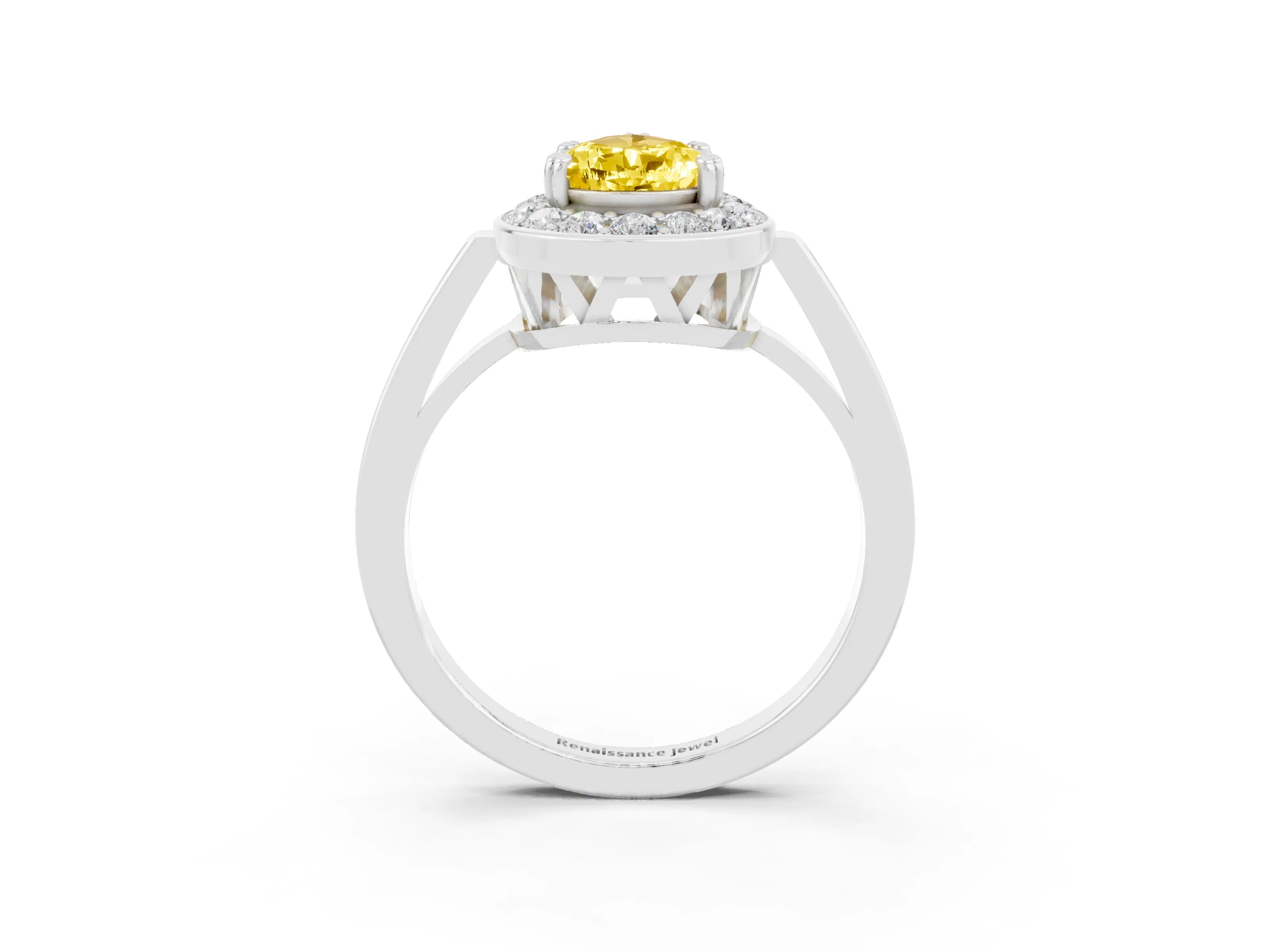 White gold Pear Cut Yellow Sapphire Halo Ring with Split Shank and Four-Prong Setting_15