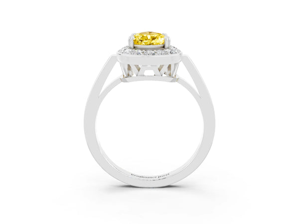 White gold Pear Cut Yellow Sapphire Halo Ring with Split Shank and Four-Prong Setting