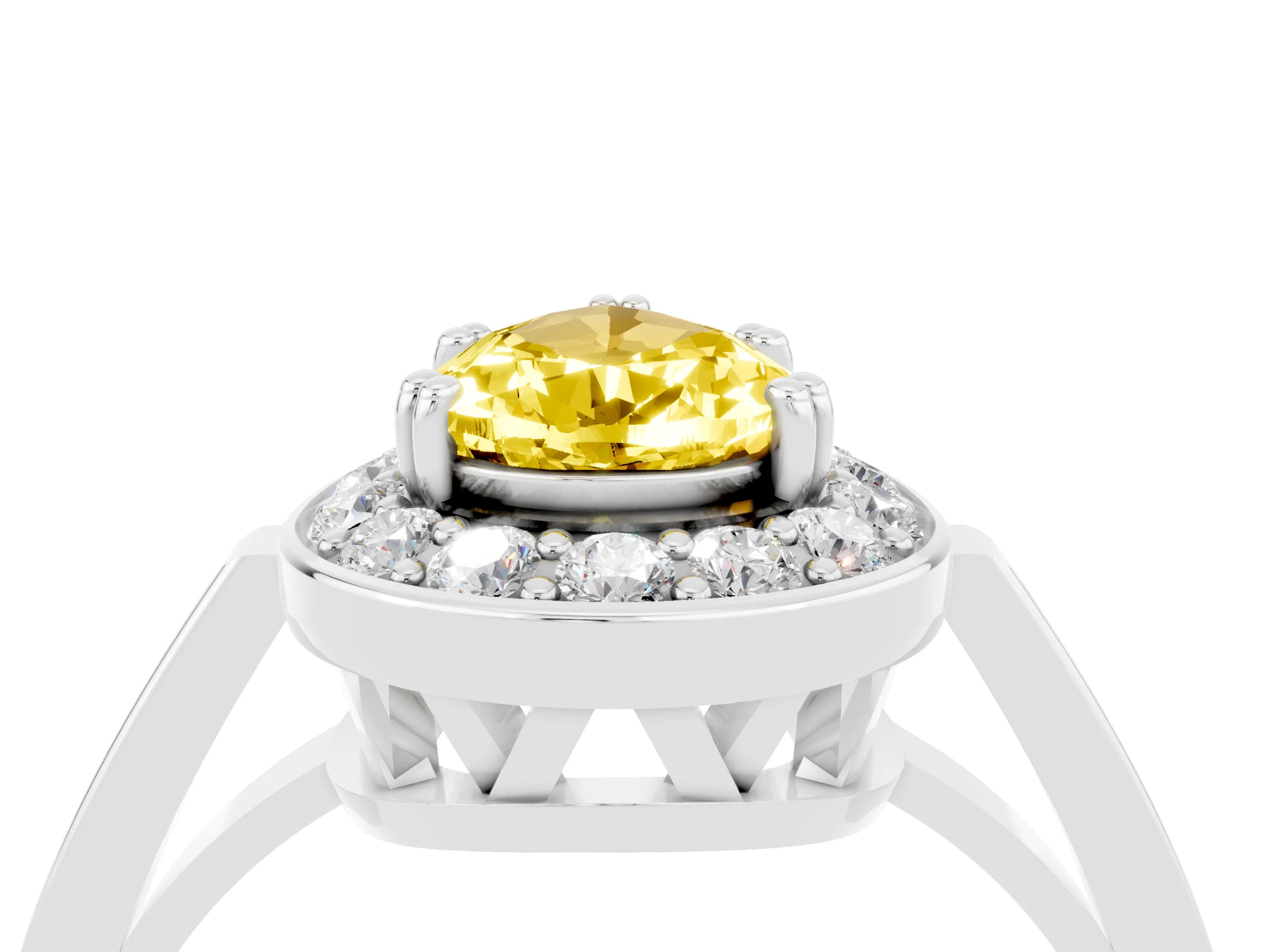 White gold Pear Cut Yellow Sapphire Halo Ring with Split Shank and Four-Prong Setting_16