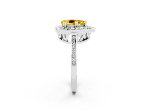 White gold Pear Cut Yellow Sapphire Halo Ring with Split Shank and Four-Prong Setting_2