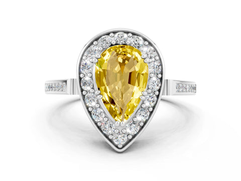 White gold Pear Cut Yellow Sapphire Halo Ring with Split Shank and Four-Prong Setting