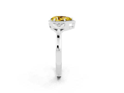 White gold Pear Cut Yellow Sapphire Halo Ring with Tapered Band and Four-Prong Setting_2
