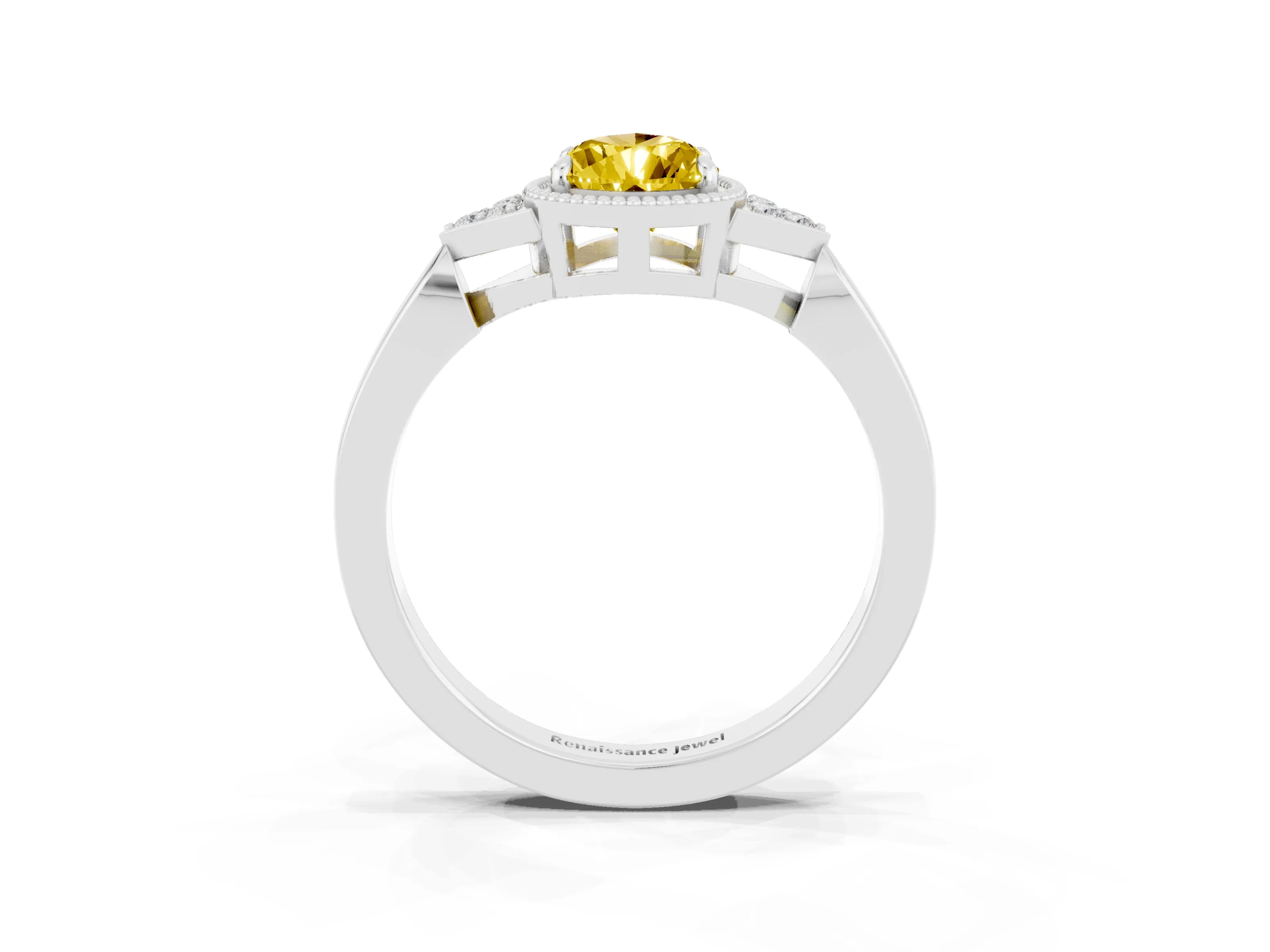 White gold Pear Cut Yellow Sapphire Halo Ring with Tapered Band and Four-Prong Setting_3