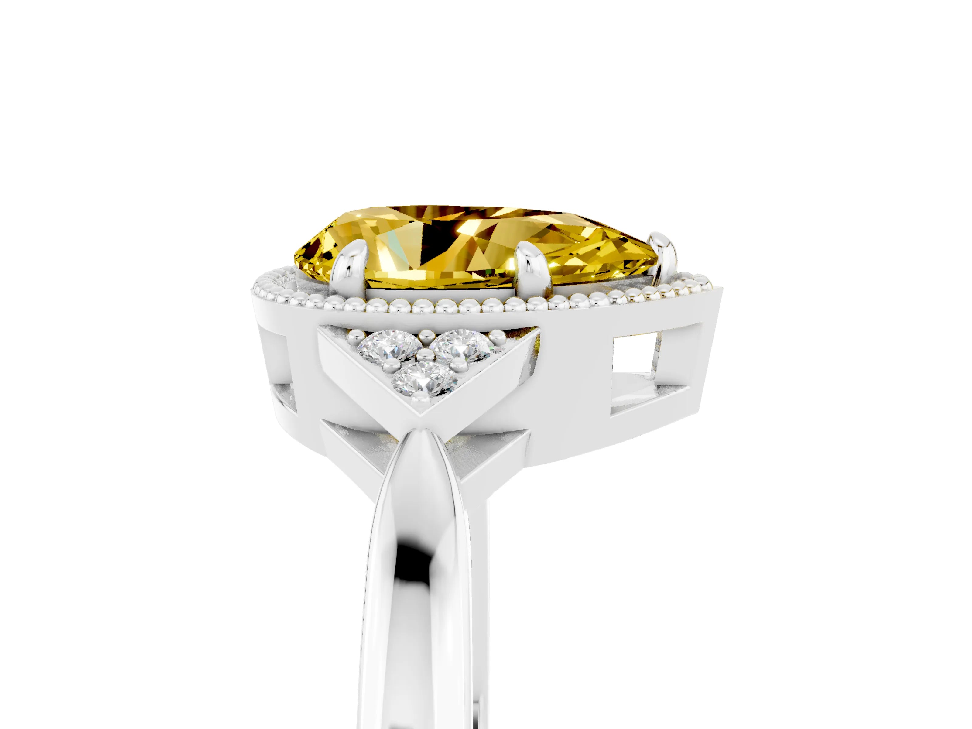White gold Pear Cut Yellow Sapphire Halo Ring with Tapered Band and Four-Prong Setting_5