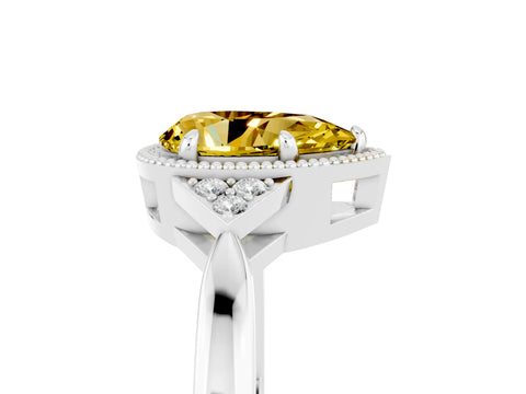 White gold Pear Cut Yellow Sapphire Halo Ring with Tapered Band and Four-Prong Setting_5