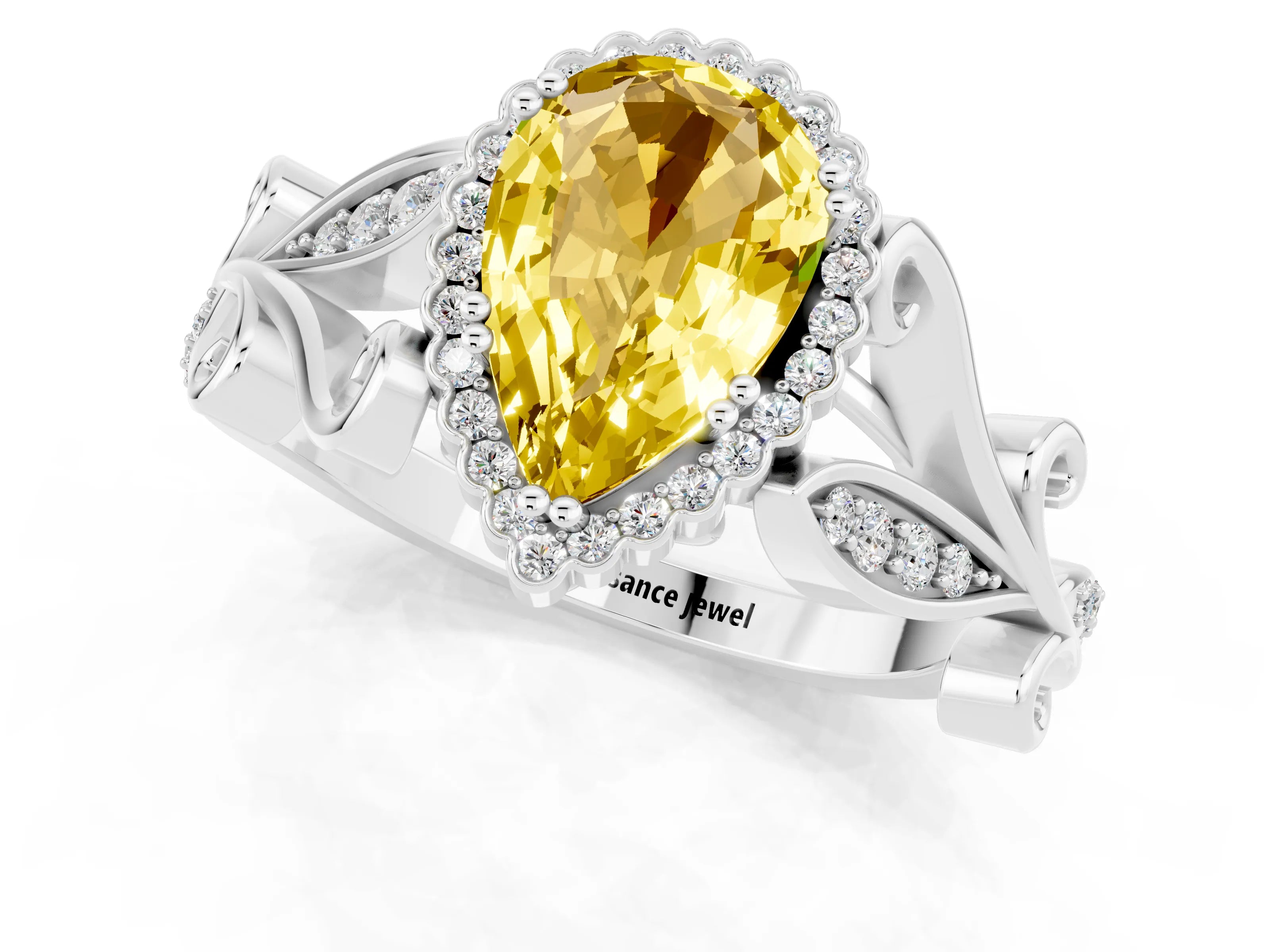 White gold Pear Cut Yellow Sapphire Halo Ring with Vintage Split Shank and Four-Prong Setting_1