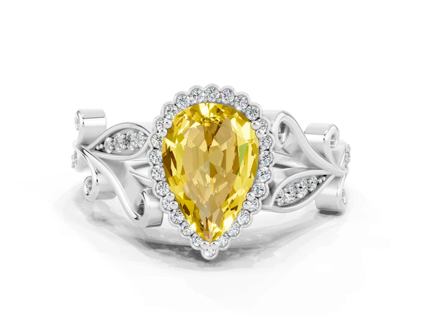 Silver Pear Cut Yellow Sapphire Halo Ring with Vintage Split Shank and Four-Prong Setting