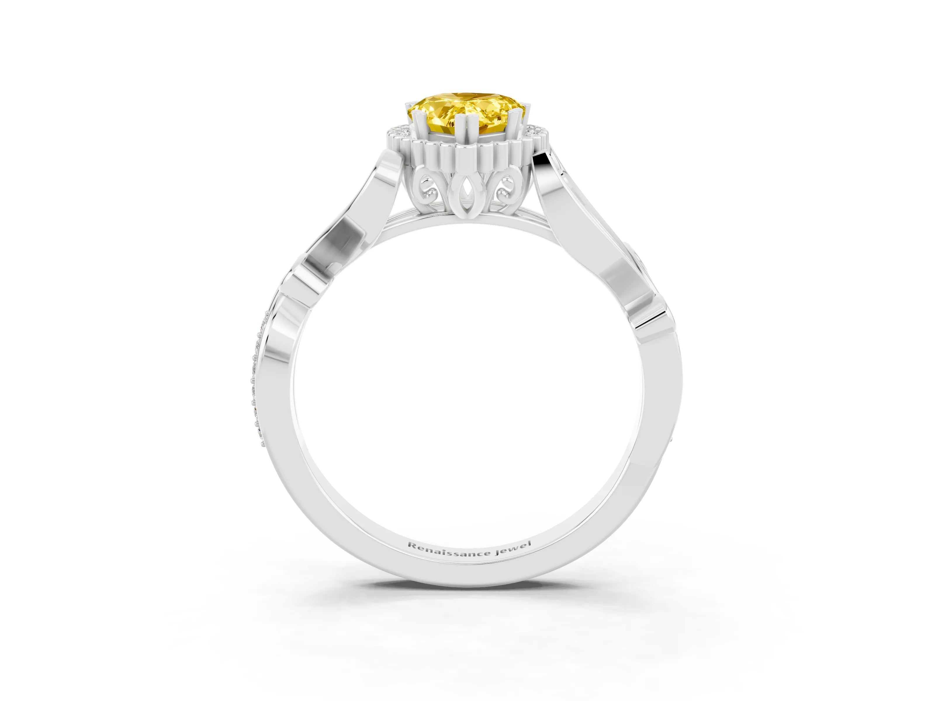 White gold Pear Cut Yellow Sapphire Halo Ring with Vintage Split Shank and Four-Prong Setting_3