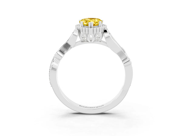 Silver Pear Cut Yellow Sapphire Halo Ring with Vintage Split Shank and Four-Prong Setting