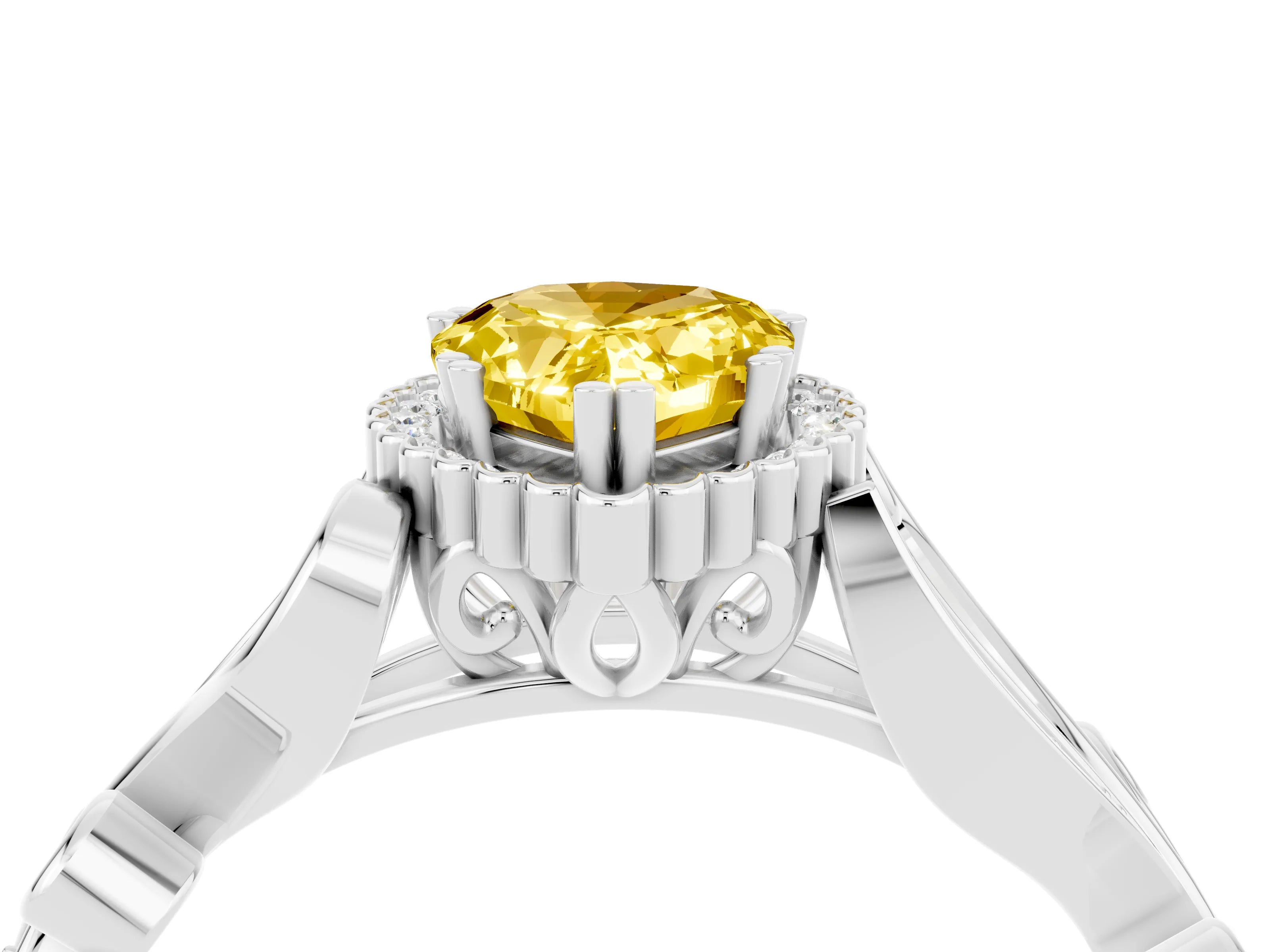 White gold Pear Cut Yellow Sapphire Halo Ring with Vintage Split Shank and Four-Prong Setting_4
