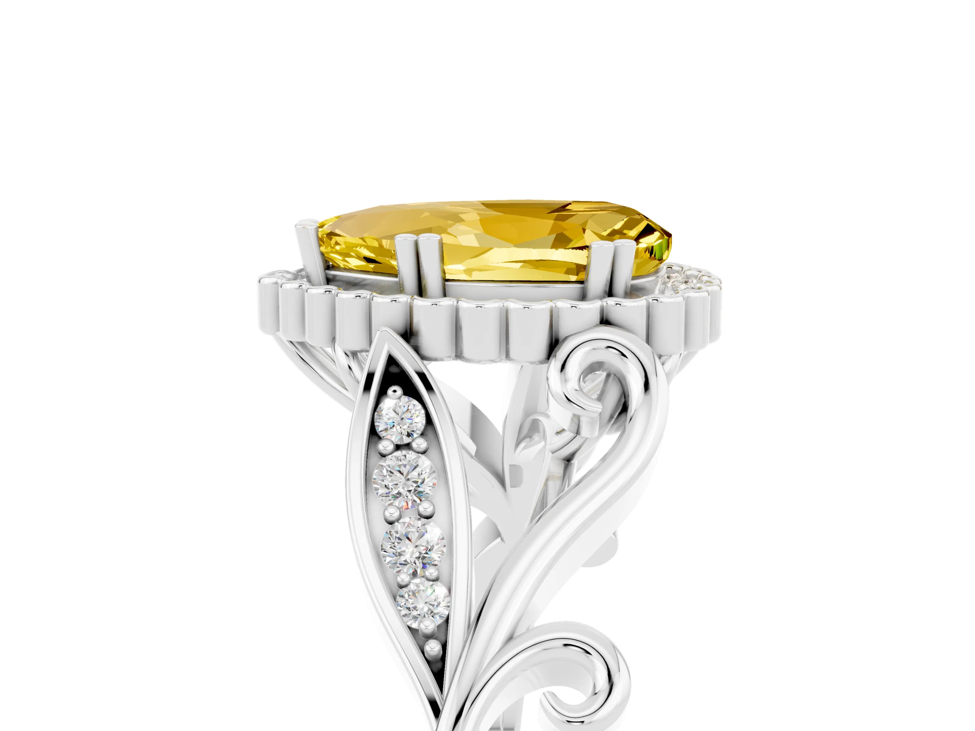 White gold Pear Cut Yellow Sapphire Halo Ring with Vintage Split Shank and Four-Prong Setting_5