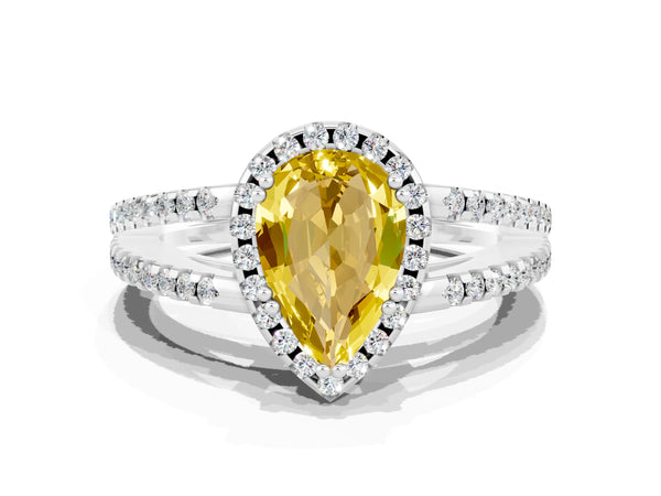 Platinum Pear Cut Yellow Sapphire Halo Split Shank Engagement Ring