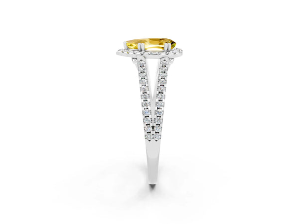 Platinum Pear Cut Yellow Sapphire Halo Split Shank Engagement Ring