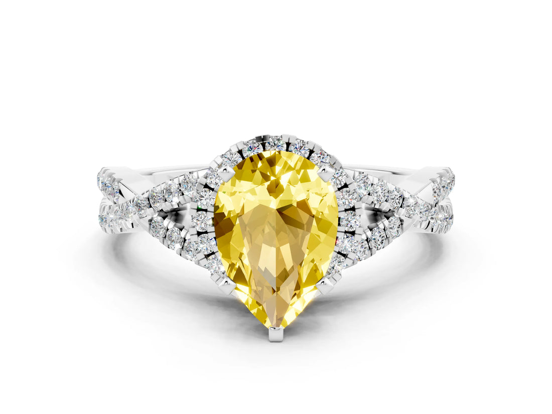 White gold Pear Cut Yellow Sapphire Halo Twist Band Solitaire Prong Setting Ring_24