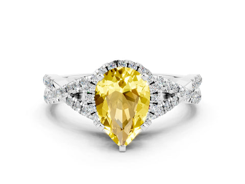 White gold Pear Cut Yellow Sapphire Halo Twist Band Solitaire Prong Setting Ring_24