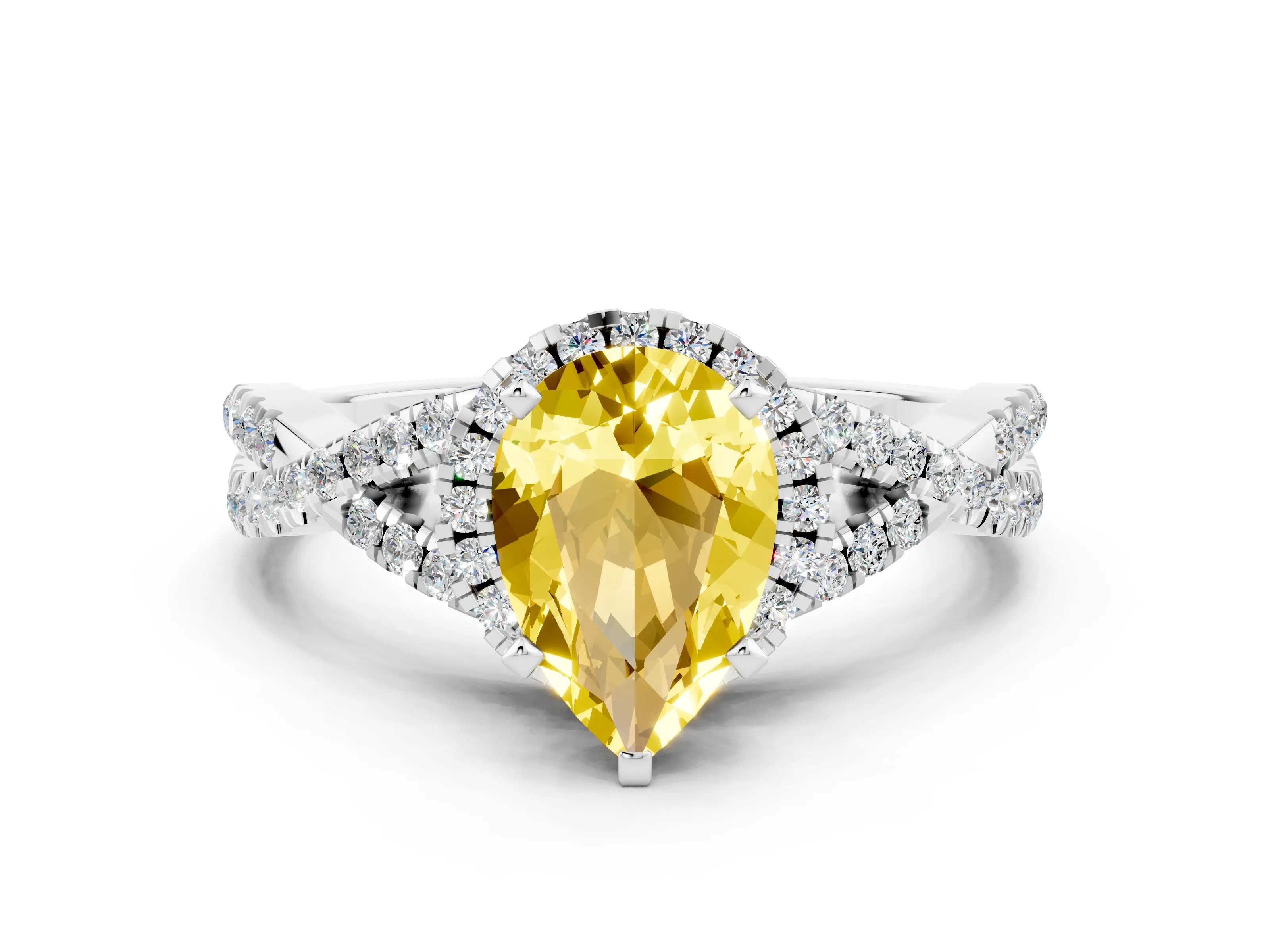 White gold Pear Cut Yellow Sapphire Halo Twist Band Solitaire Prong Setting Ring_24