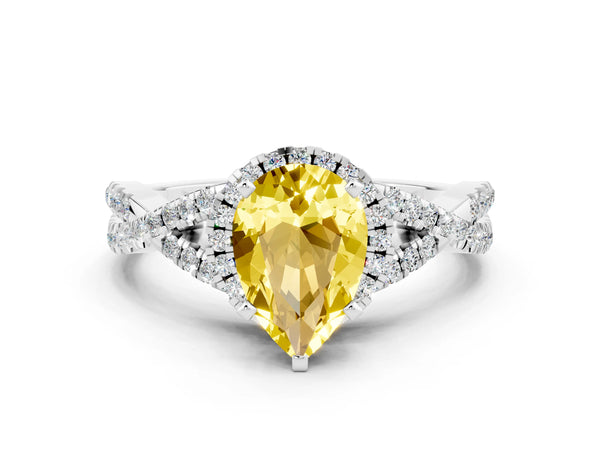 White gold Pear Cut Yellow Sapphire  Halo Twist Band Solitaire Prong Setting Ring