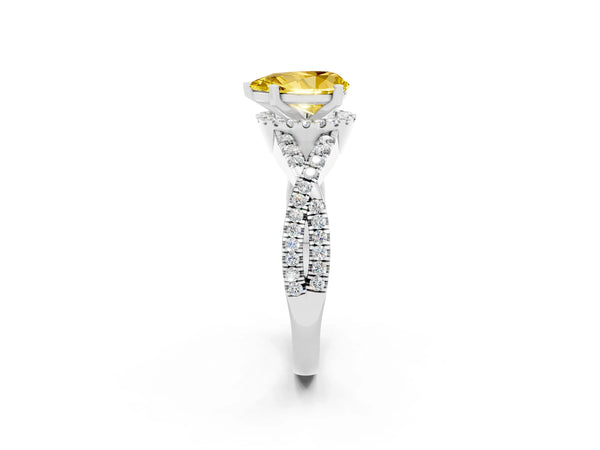 Platinum Pear Cut Yellow Sapphire  Halo Twist Band Solitaire Prong Setting Ring