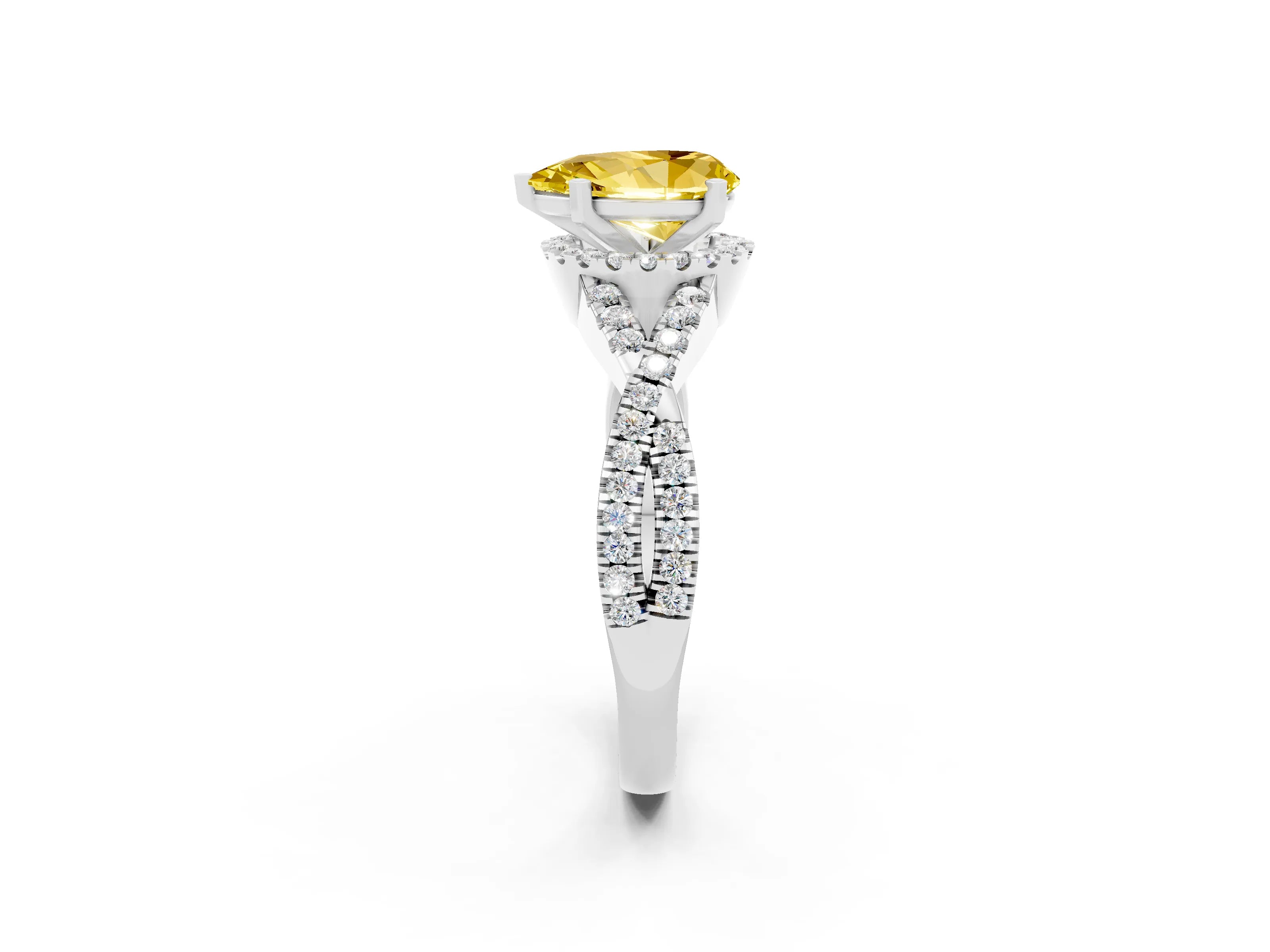 White gold Pear Cut Yellow Sapphire Halo Twist Band Solitaire Prong Setting Ring_26