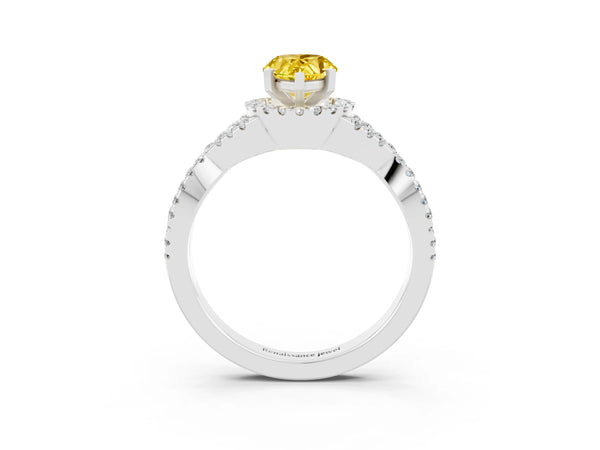 Silver Pear Cut Yellow Sapphire  Halo Twist Band Solitaire Prong Setting Ring