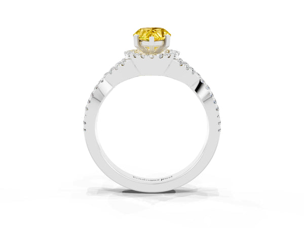 White gold Pear Cut Yellow Sapphire  Halo Twist Band Solitaire Prong Setting Ring