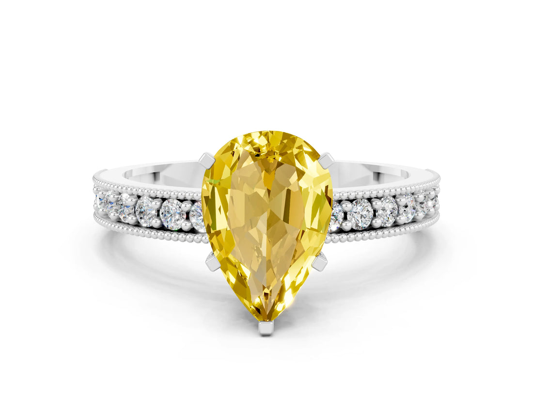 White gold Pear Cut Yellow Sapphire Milgrain Pavé Engagement Ring with Four-Prong Setting_24