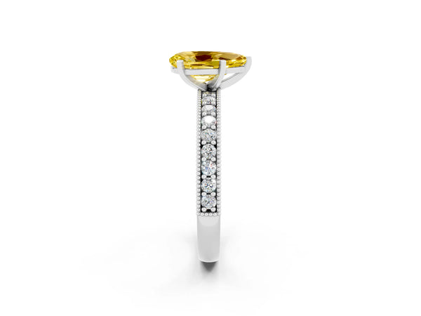 Platinum Pear Cut Yellow Sapphire Milgrain Pavé Engagement Ring with Four-Prong Setting