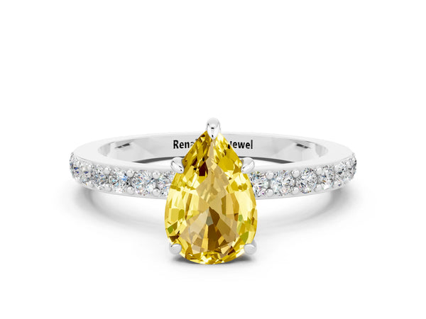 Platinum Pear Cut Yellow Sapphire Pavé Engagement Ring with Round  Accents and Prong Setting