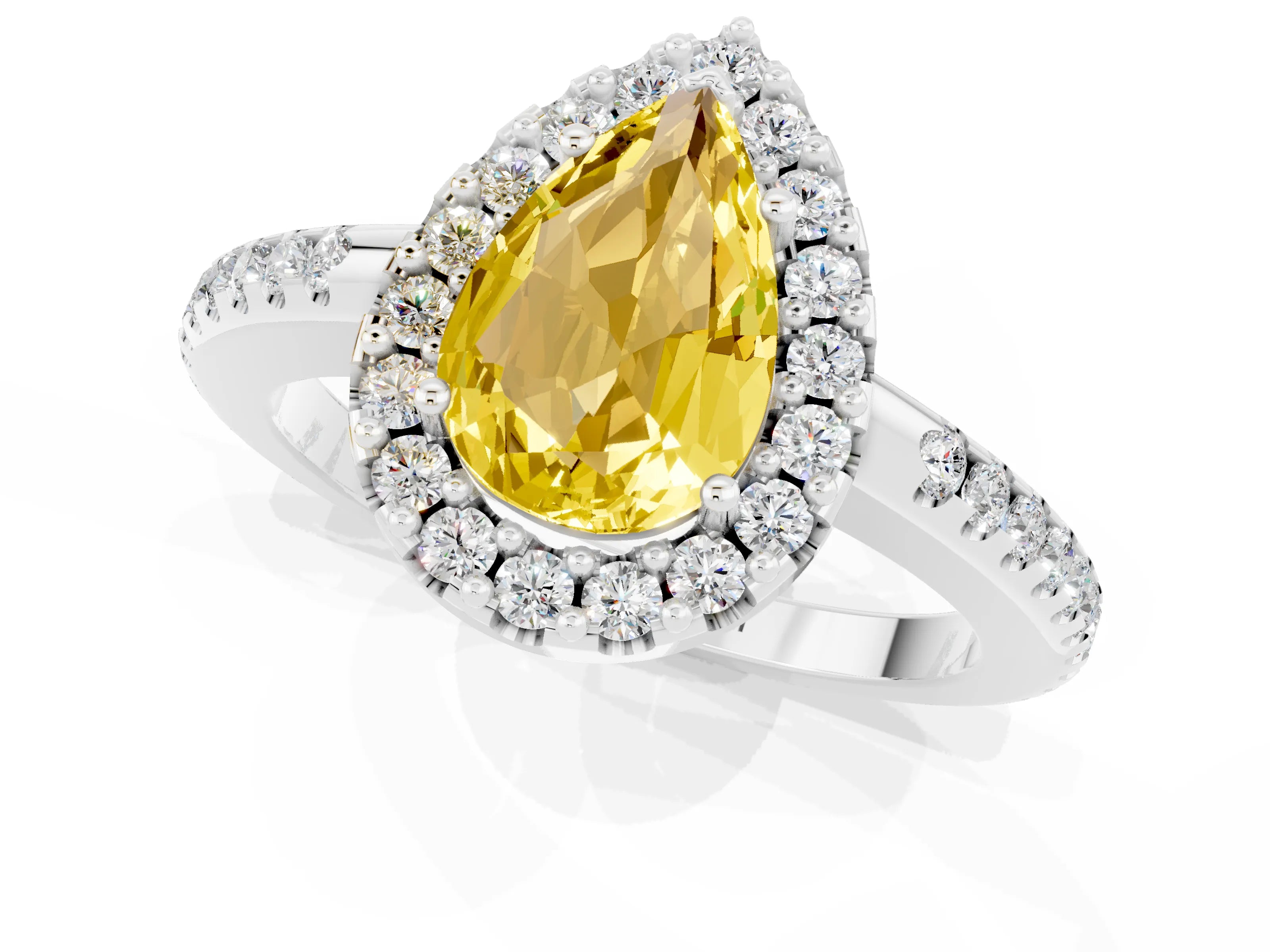 White gold Pear Cut Yellow Sapphire Pavé Halo Ring with Four-Prong Setting_13
