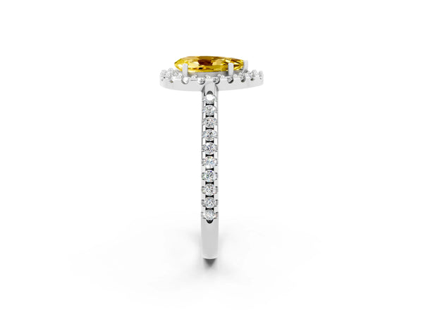 Platinum Pear Cut Yellow Sapphire Pavé Halo Ring with Four-Prong Setting