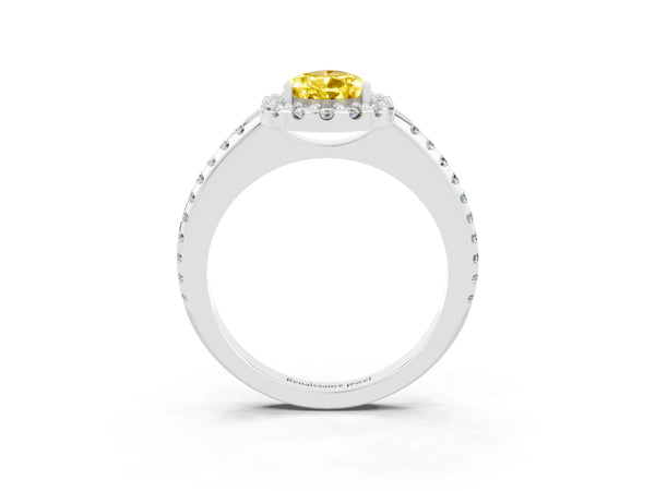Silver Pear Cut Yellow Sapphire Pavé Halo Ring with Four-Prong Setting
