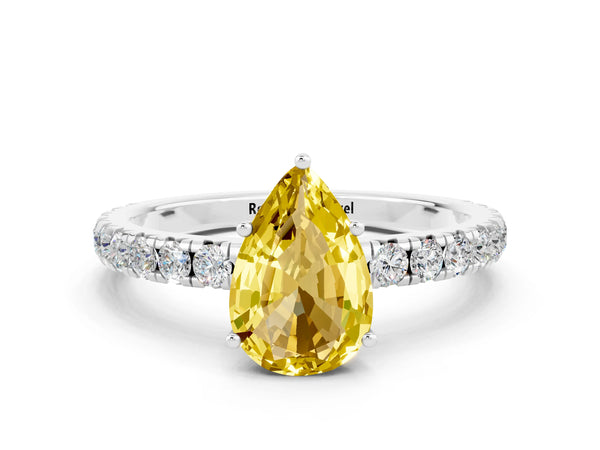 Platinum Pear Cut Yellow Sapphire Pavé Solitaire Engagement Ring with Four-Prong Setting