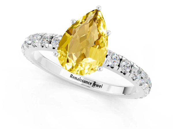 Silver Pear Cut Yellow Sapphire Pavé Solitaire Engagement Ring with Four-Prong Setting