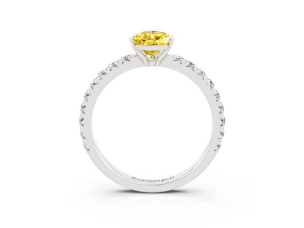 Silver Pear Cut Yellow Sapphire Pavé Solitaire Engagement Ring with Four-Prong Setting