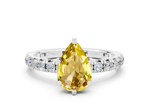 Silver Pear Cut Yellow Sapphire Pavé Solitaire Ring with Round Band and Prong Setting