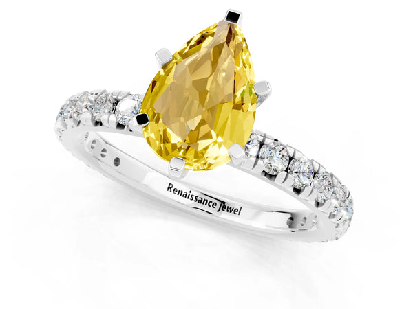 Silver Pear Cut Yellow Sapphire Pavé Solitaire Ring with Round Band and Prong Setting