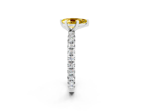 White gold Pear Cut Yellow Sapphire Pavé Solitaire Ring with Round Band and Prong Setting