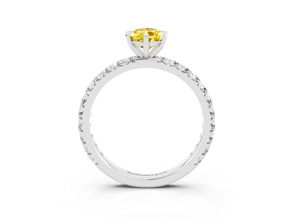 White gold Pear Cut Yellow Sapphire Pavé Solitaire Ring with Round Band and Prong Setting
