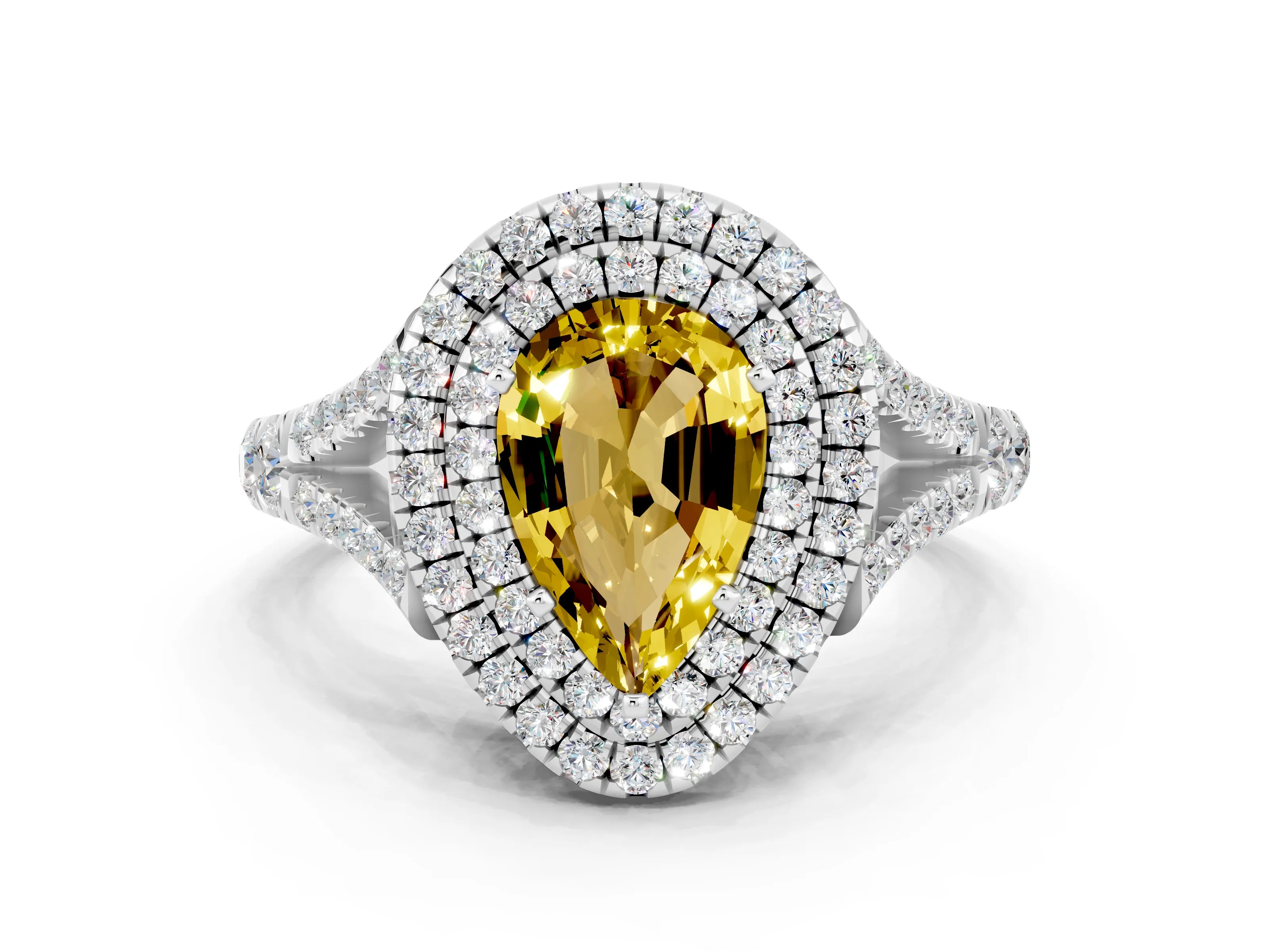 White gold Pear Cut Yellow Sapphire Pavé Split Shank Double Halo Engagement Ring