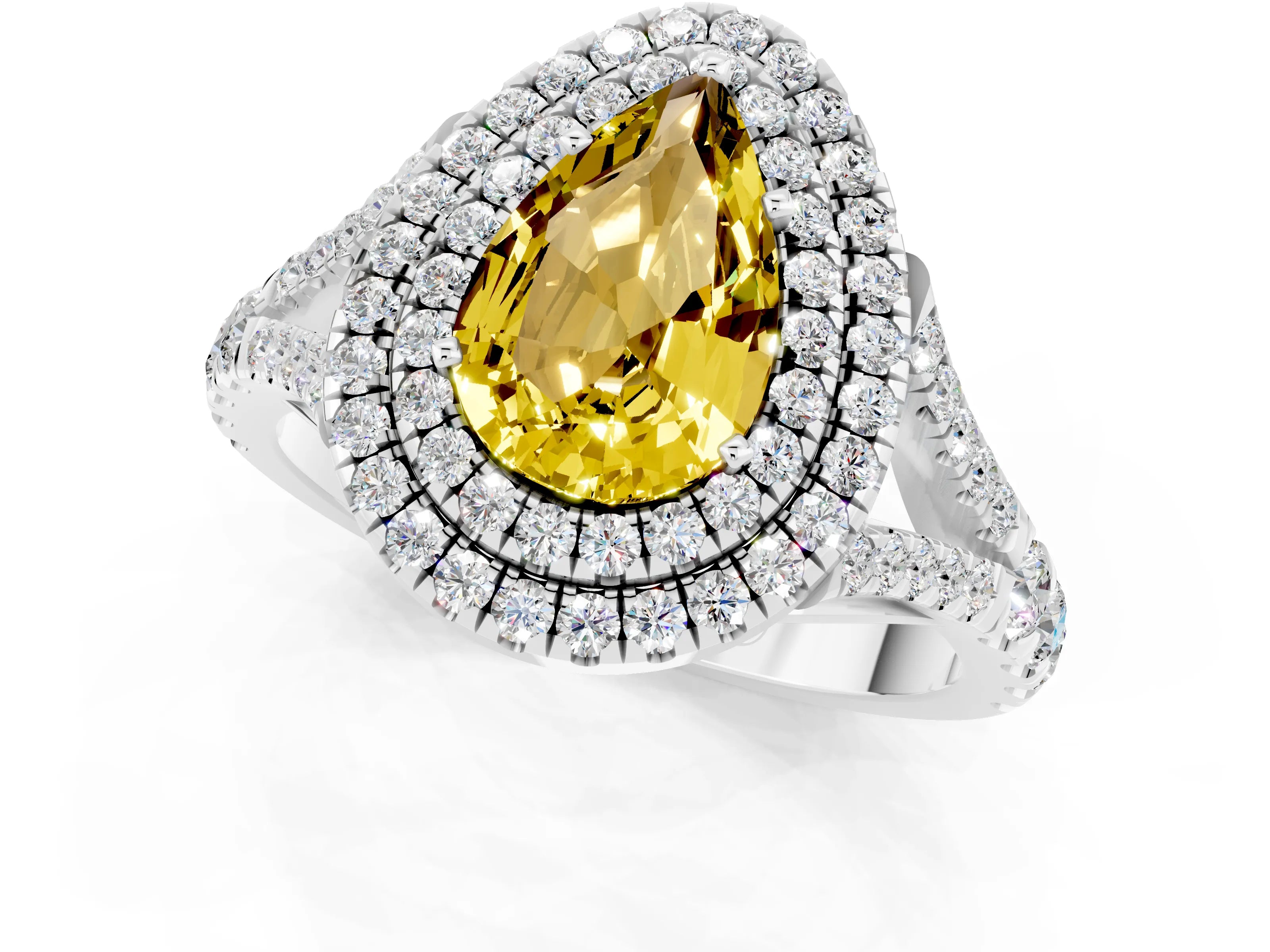 White gold Pear Cut Yellow Sapphire Pavé Split Shank Double Halo Engagement Ring_1