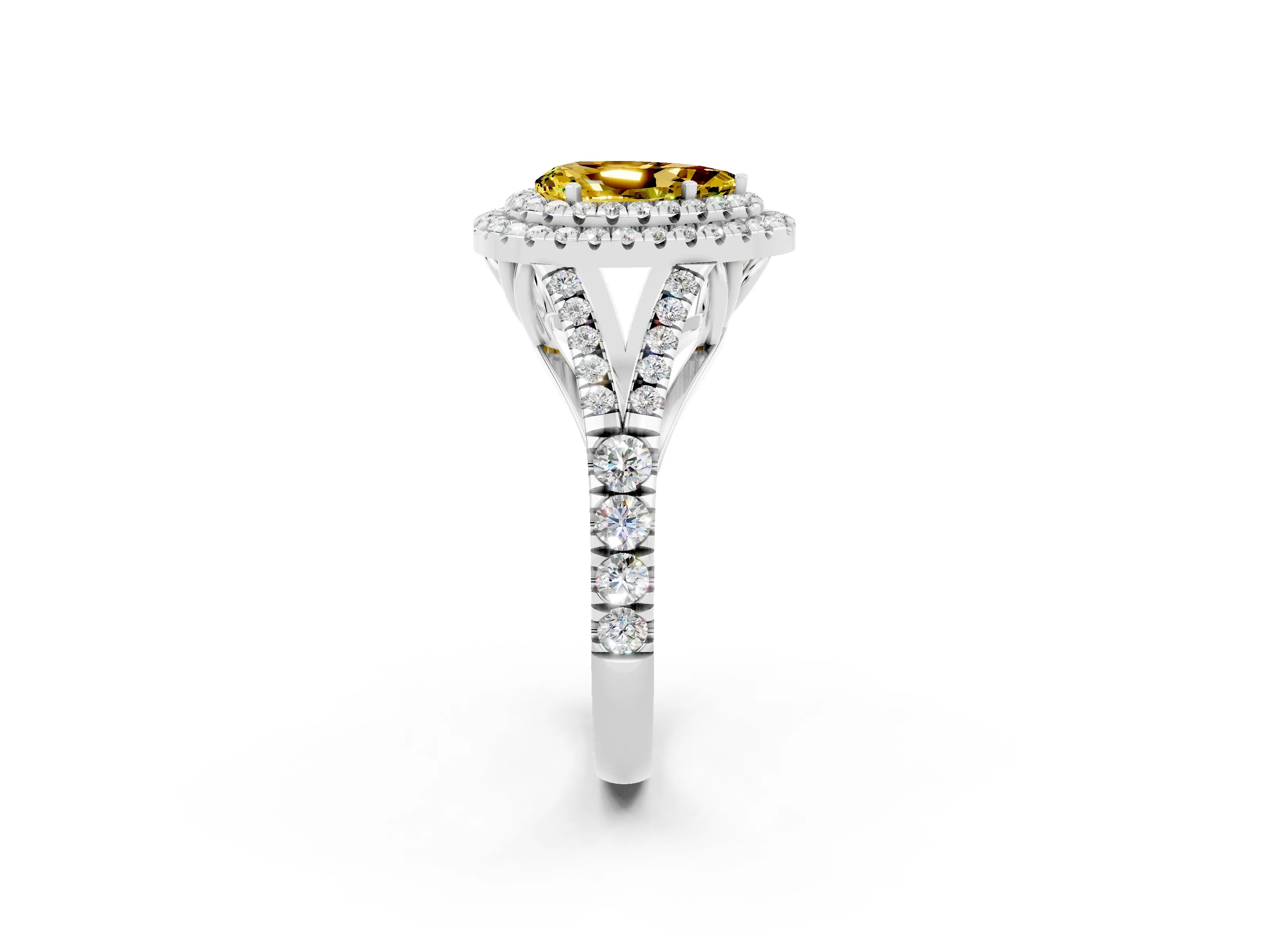 White gold Pear Cut Yellow Sapphire Pavé Split Shank Double Halo Engagement Ring_2