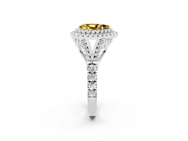 White gold Pear Cut Yellow Sapphire Pavé Split Shank Double Halo Engagement Ring