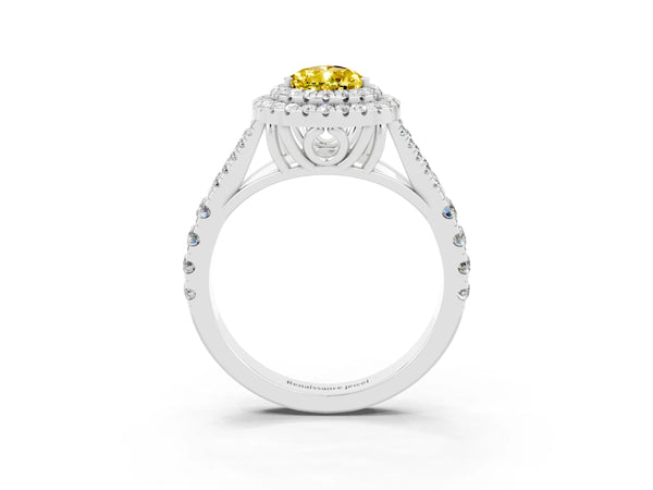 Silver Pear Cut Yellow Sapphire Pavé Split Shank Double Halo Engagement Ring